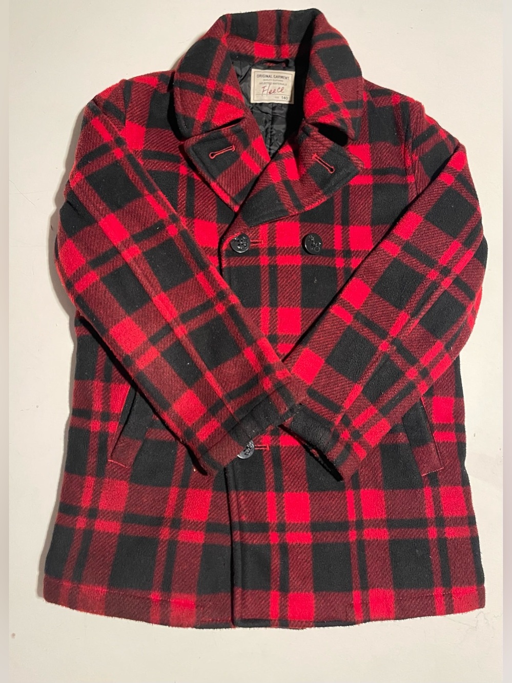 Kids Red & Black Plaid Peacoat / UNIQLO JAPAN - Vintage